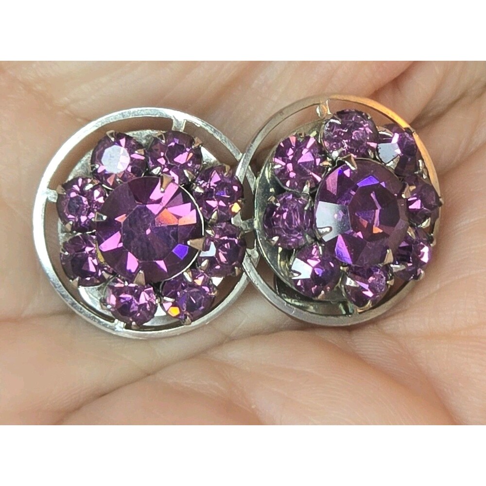 Vintage Purple Rhinestone Clip On Earrings Cluster Silver Tone Prong Set #795